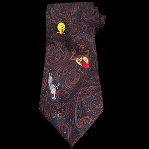 Vintage Looney Tunes Paisley Tie Necktie Bugs Bunny Taz Tweetie Sylvester Marvin